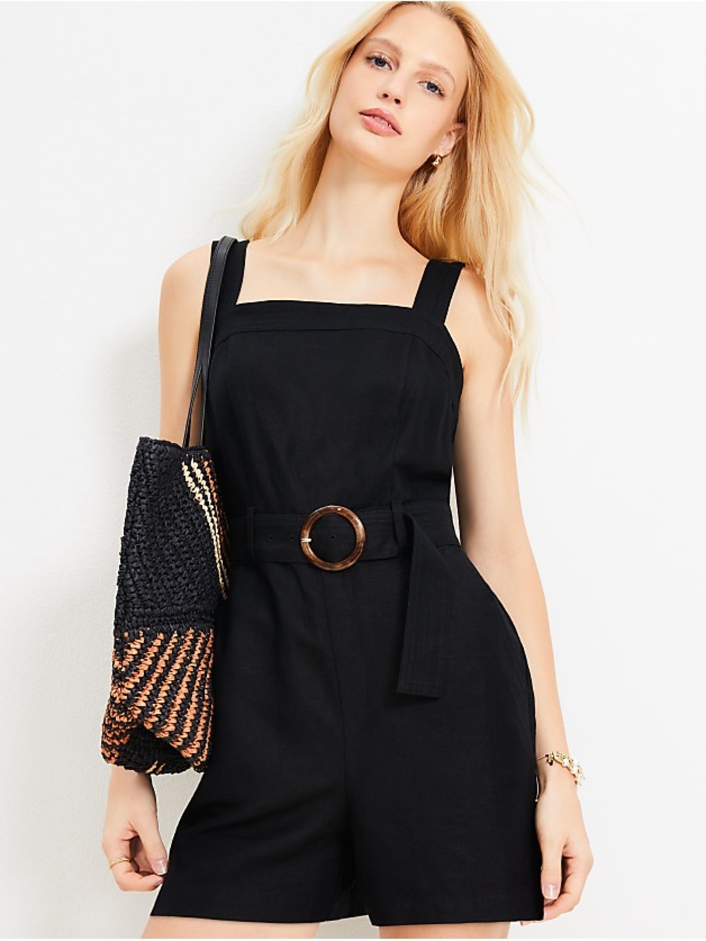 Belted Linen Blend Strappy Romper